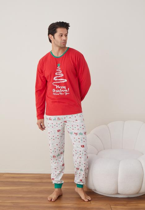 Pijama barbati Craciun " Merry Chrystmas " maneca lunga ,pantaloni lungi,Culoare Rosu Engros